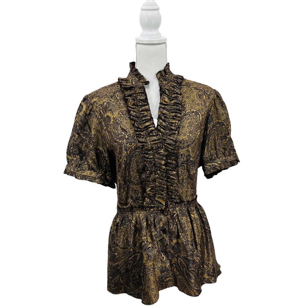 Thomas Pink Womens Pure Silk Tunic Shirt Metallic Gold Paisley Size 14 US